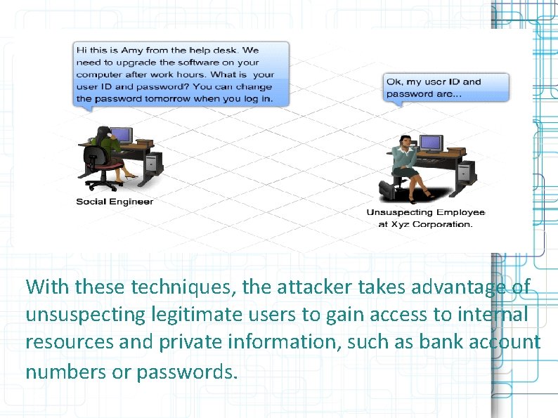 With these techniques, the attacker takes advantage of unsuspecting legitimate users to gain access