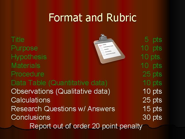 Format and Rubric Title 5 pts Purpose 10 pts Hypothesis 10 pts. Materials 10