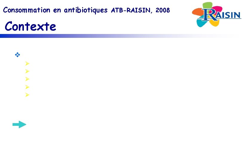 Consommation en antibiotiques ATB-RAISIN, 2008 Contexte v Recommandations de surveillance de la consommation à