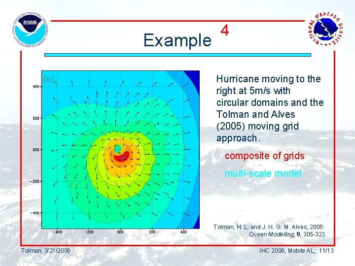 Example 4 Hurricane moving to the right at 5 m/s with circular domains and