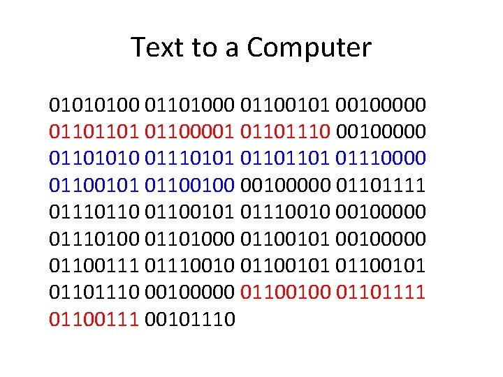 Text to a Computer 01010100 01101000 01100101 00100000 01101101 01100001 01101110 00100000 01101010 01110101