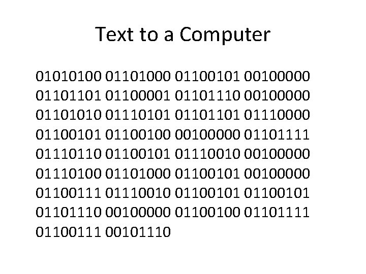 Text to a Computer 01010100 01101000 01100101 00100000 01101101 01100001 01101110 00100000 01101010 01110101