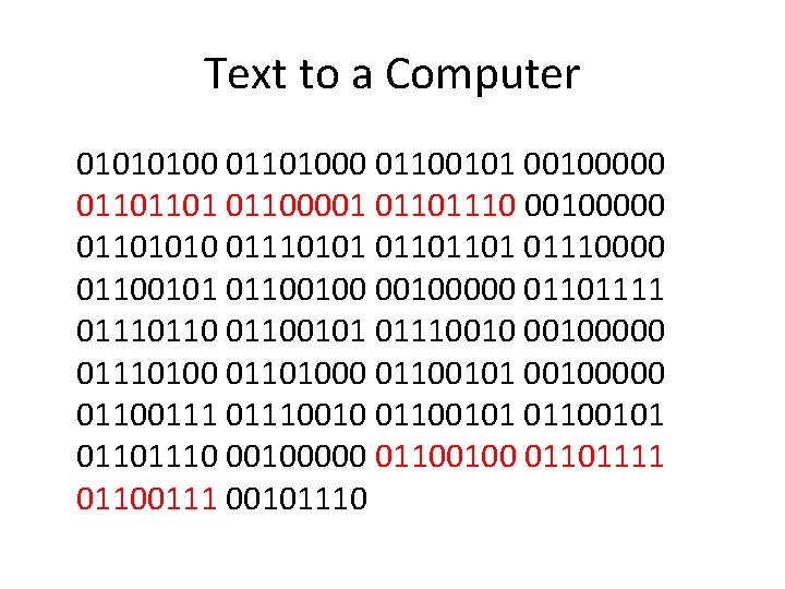 Text to a Computer 01010100 01101000 01100101 00100000 01101101 01100001 01101110 00100000 01101010 01110101