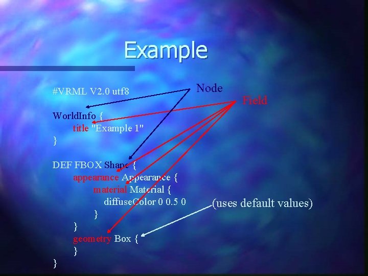 Example #VRML V 2. 0 utf 8 Node Field World. Info { title "Example