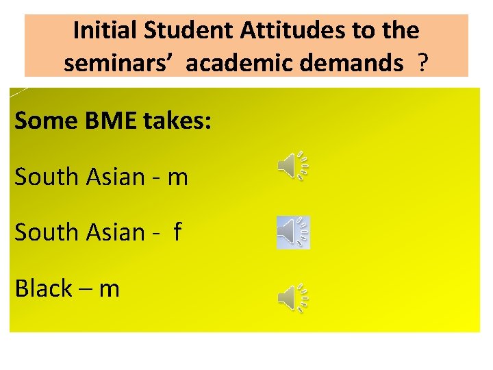 Initial Student Attitudes to the seminars’ academic demands ? Some BME takes: South Asian