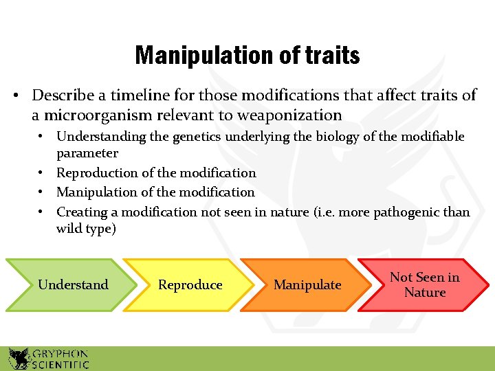 Manipulation of traits • Describe a timeline for those modifications that affect traits of