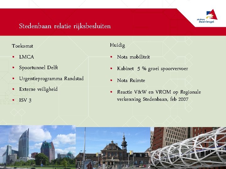 Stedenbaan relatie rijksbesluiten Toekomst • LMCA • Spoortunnel Delft • Urgentieprogramma Randstad • Externe