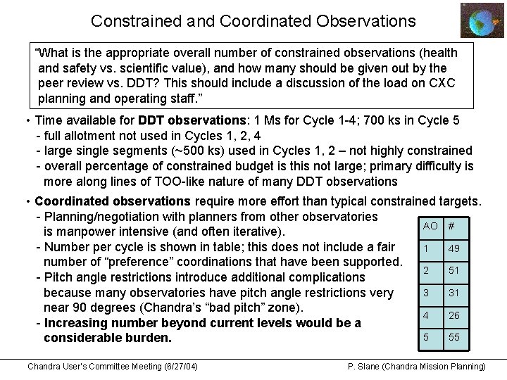 Constrained and Coordinated Observations “What is the appropriate overall number of constrained observations (health
