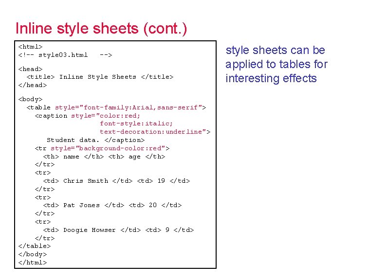 Inline style sheets (cont. ) <html> <!-- style 03. html --> <head> <title> Inline