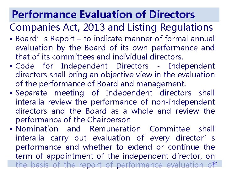 Performance Evaluation of Directors Companies Act, 2013 and Listing Regulations • Board’s Report –