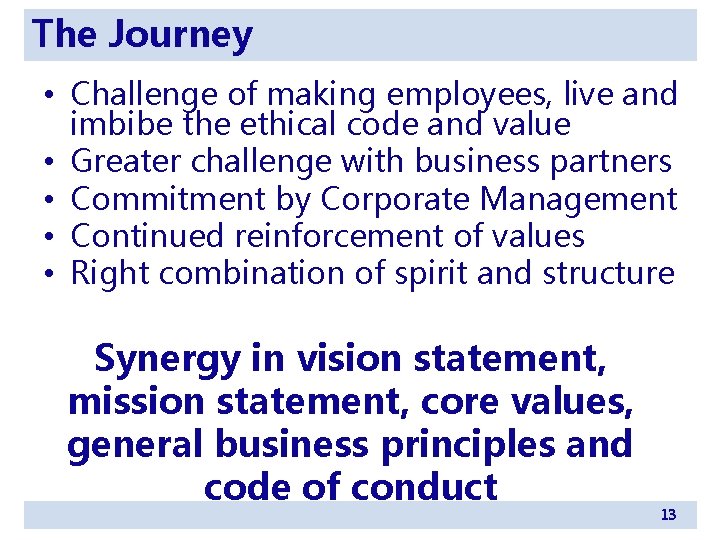 The Journey • Challenge of making employees, live and imbibe the ethical code and