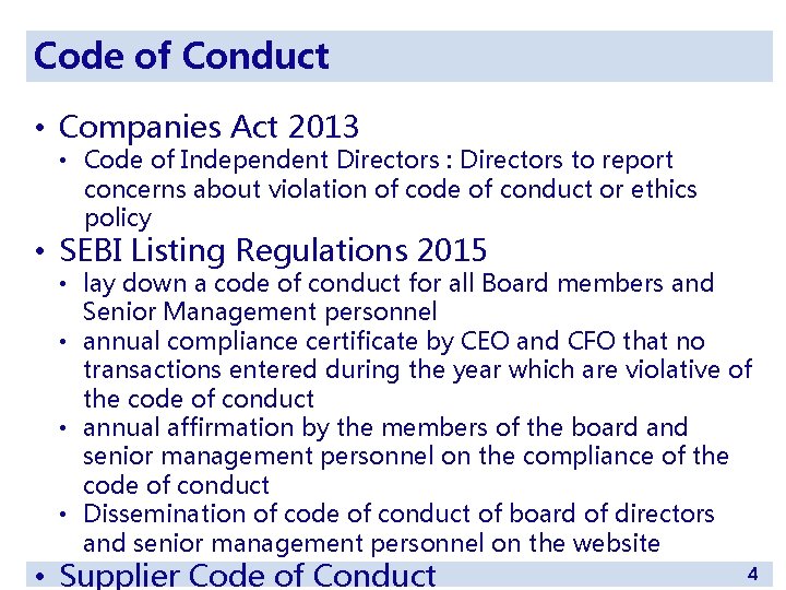 Code of Conduct • Companies Act 2013 • Code of Independent Directors : Directors