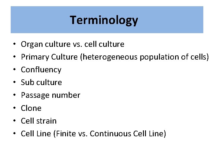Terminology • • Organ culture vs. cell culture Primary Culture (heterogeneous population of cells)
