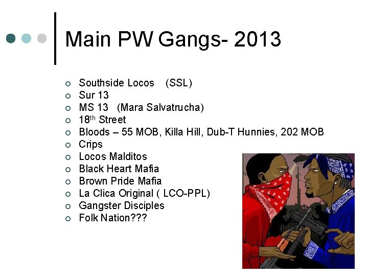 Main PW Gangs- 2013 ¢ ¢ ¢ Southside Locos (SSL) Sur 13 MS 13