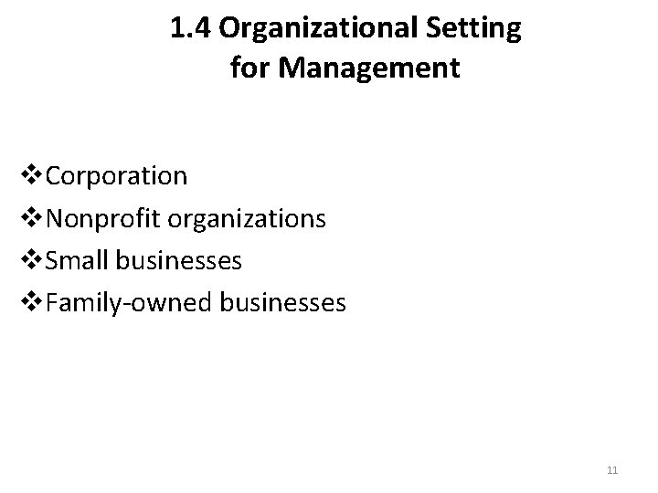 1. 4 Organizational Setting for Management v. Corporation v. Nonprofit organizations v. Small businesses