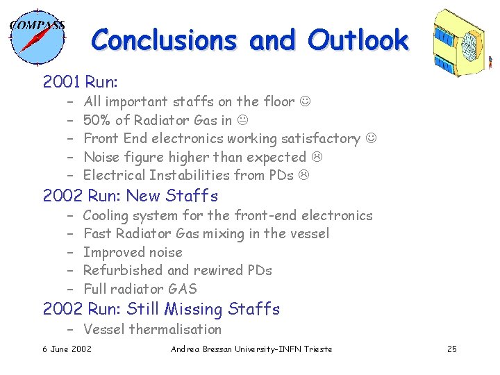 Conclusions and Outlook 2001 Run: – – – All important staffs on the floor