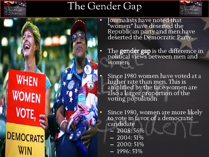 The Gender Gap • Journalists have noted that “women” have deserted the Republican party
