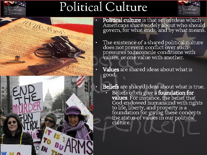 Political Culture • Political culture is that set of ideas which Americans share widely