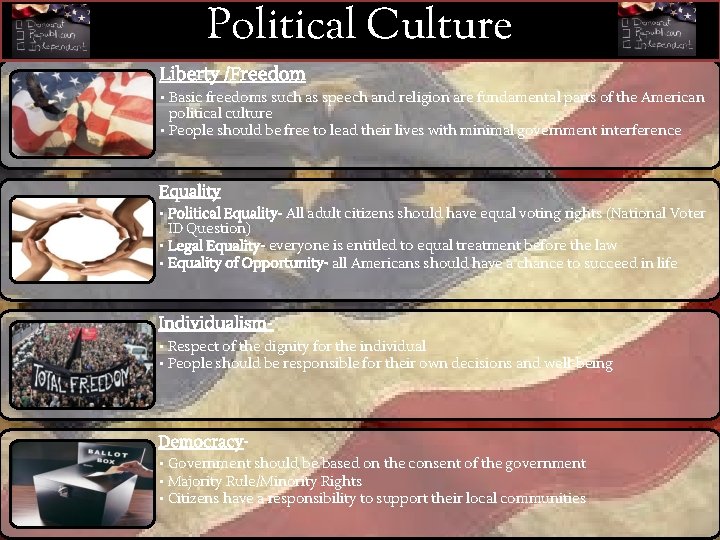Political Culture Liberty /Freedom • Basic freedoms such as speech and religion are fundamental