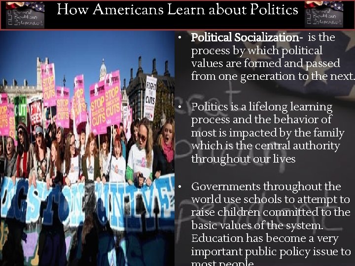 How Americans Learn about Politics • Political Socialization- is the process by which political