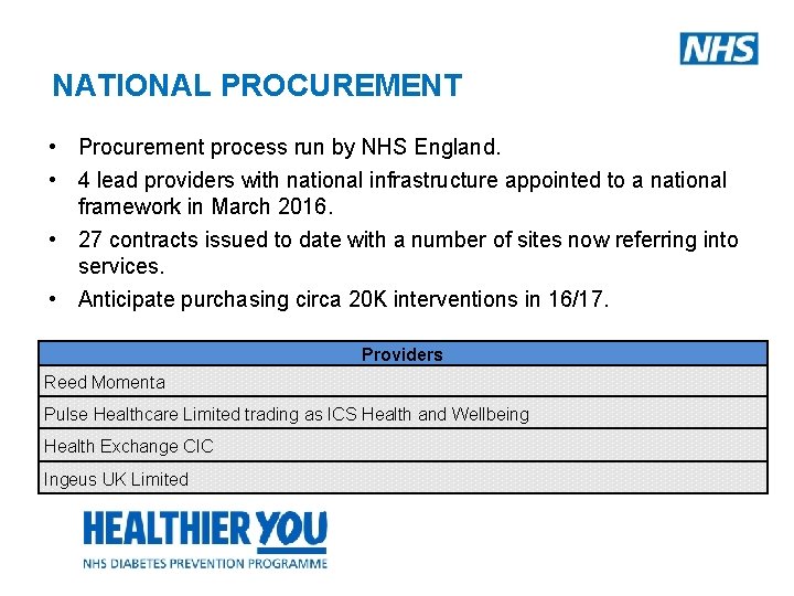 NATIONAL PROCUREMENT • Procurement process run by NHS England. • 4 lead providers with