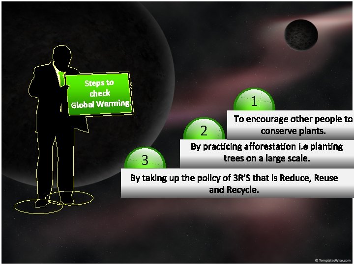 Steps to check Global Warming. 1 2 3 To encourage other people to conserve