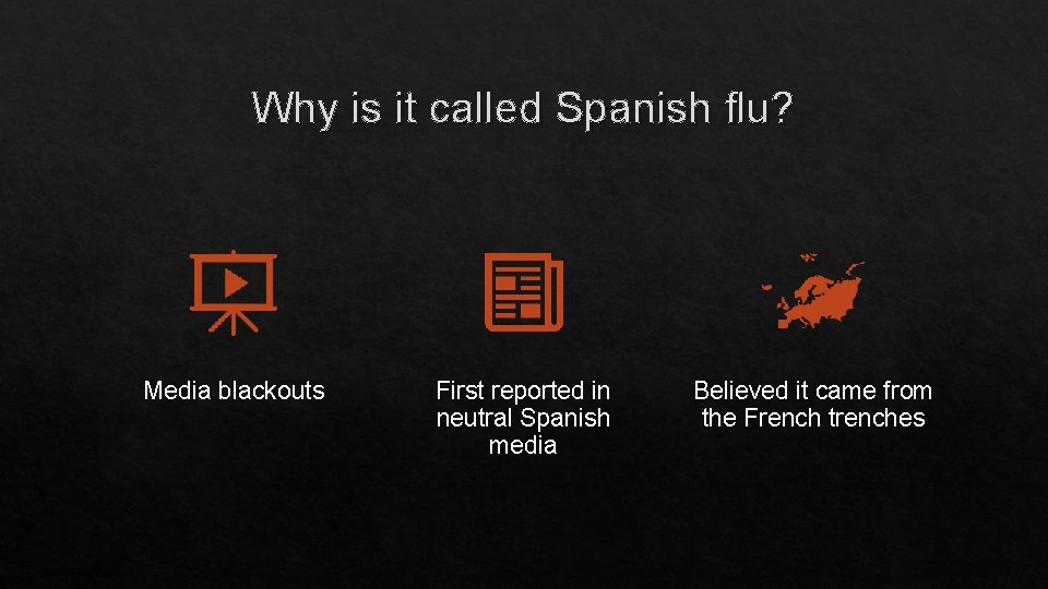 Why is it called Spanish flu? Media blackouts First reported in neutral Spanish media Why is it called Spanish flu? Media blackouts First reported in neutral Spanish media