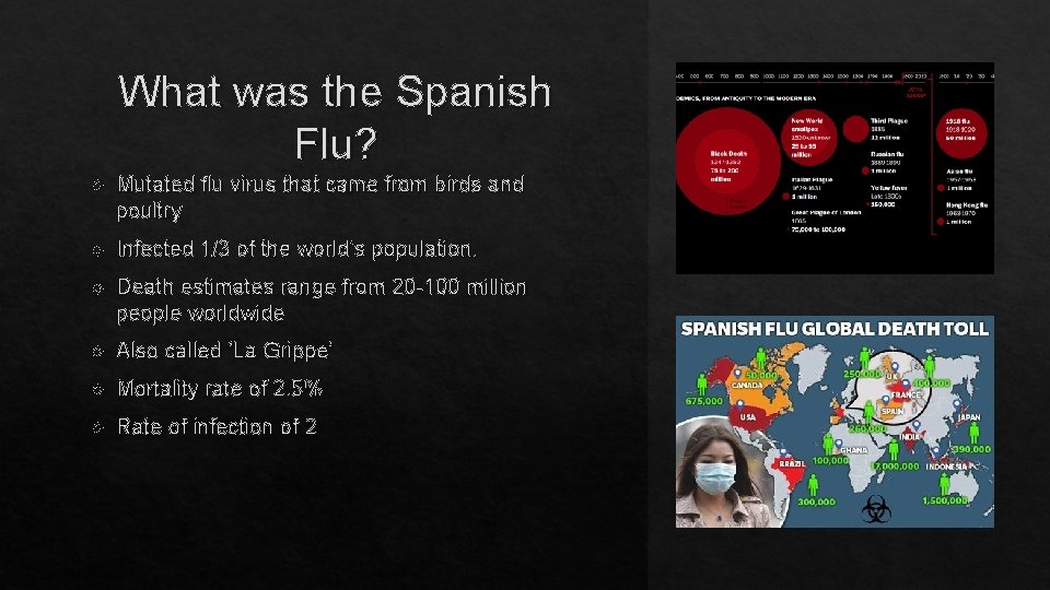 What was the Spanish Flu? Mutated flu virus that came from birds and poultry