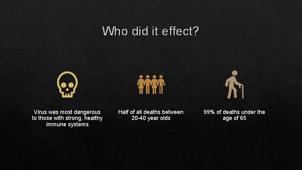Who did it effect? Virus was most dangerous to those with strong, healthy immune Who did it effect? Virus was most dangerous to those with strong, healthy immune