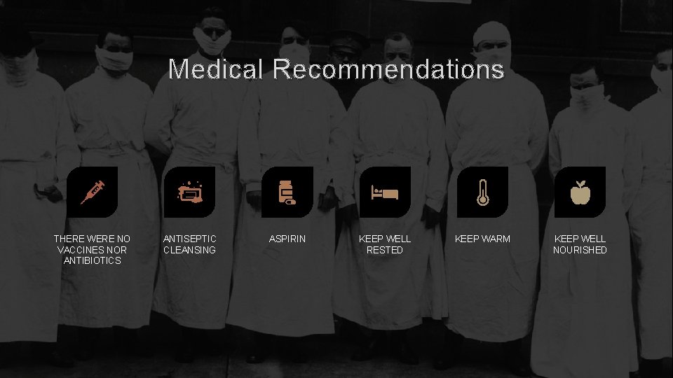 Medical Recommendations THERE WERE NO VACCINES NOR ANTIBIOTICS ANTISEPTIC CLEANSING ASPIRIN KEEP WELL RESTED