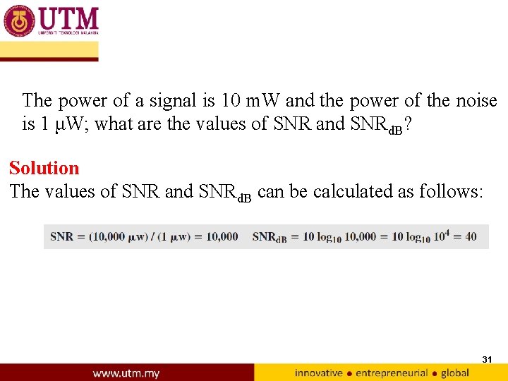 The power of a signal is 10 m. W and the power of the