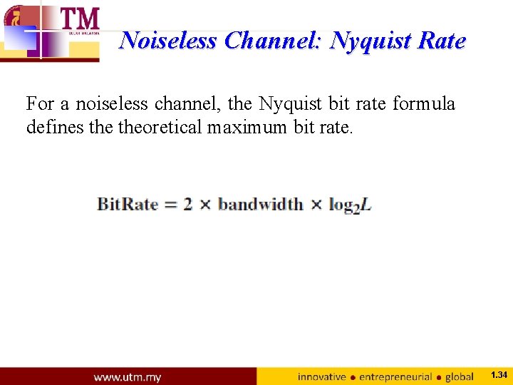Noiseless Channel: Nyquist Rate For a noiseless channel, the Nyquist bit rate formula defines
