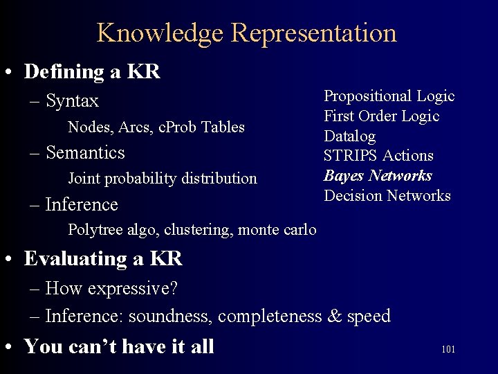 Knowledge Representation • Defining a KR – Syntax Nodes, Arcs, c. Prob Tables –