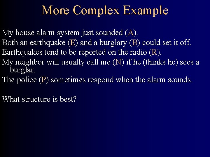 More Complex Example My house alarm system just sounded (A). Both an earthquake (E)