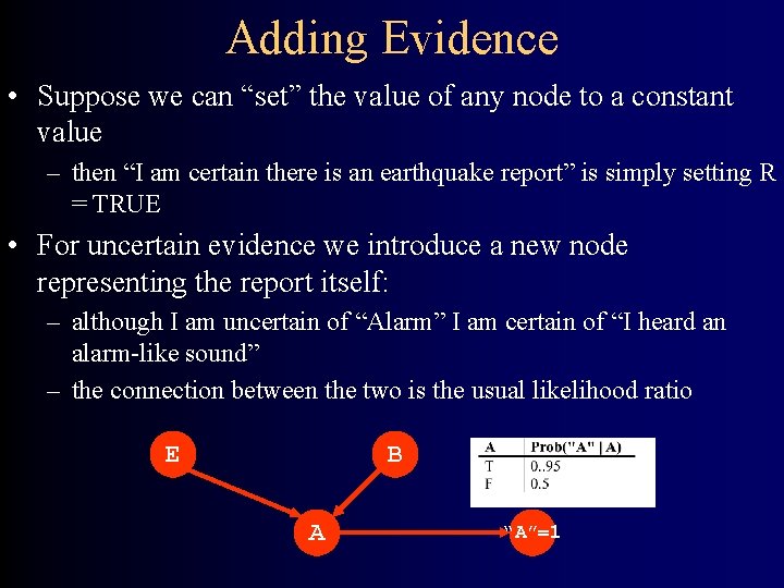 Adding Evidence • Suppose we can “set” the value of any node to a