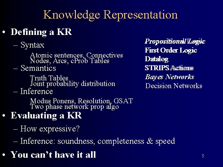 Knowledge Representation • Defining a KR – Syntax Atomic sentences, Connectives Nodes, Arcs, c.