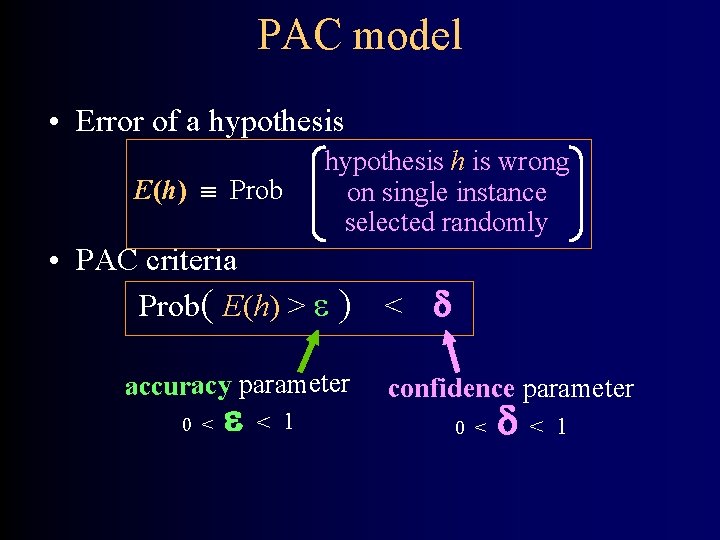 PAC model • Error of a hypothesis E(h) Prob hypothesis h is wrong on