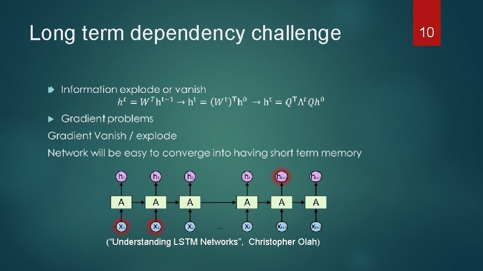 Long term dependency challenge (“Understanding LSTM Networks”, Christopher Olah) 10 