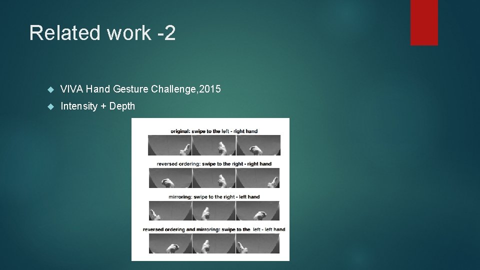 Related work -2 VIVA Hand Gesture Challenge, 2015 Intensity + Depth 