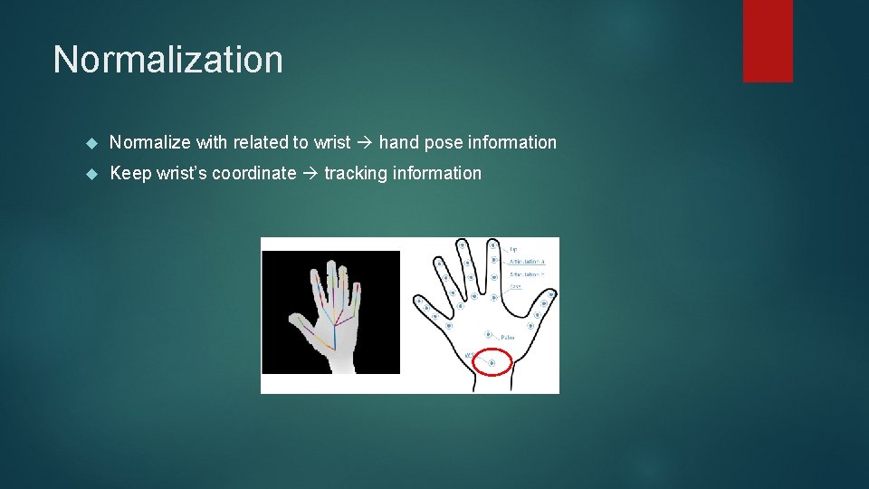 Normalization Normalize with related to wrist hand pose information Keep wrist’s coordinate tracking information