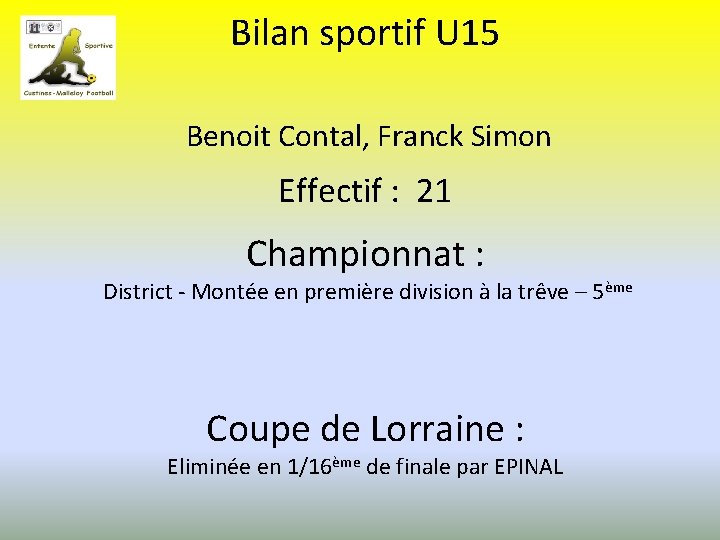 Bilan sportif U 15 Benoit Contal, Franck Simon Effectif : 21 Championnat : District