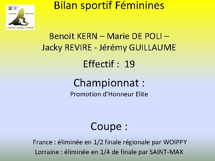 Bilan sportif Féminines Benoit KERN – Marie DE POLI – Jacky REVIRE - Jérémy