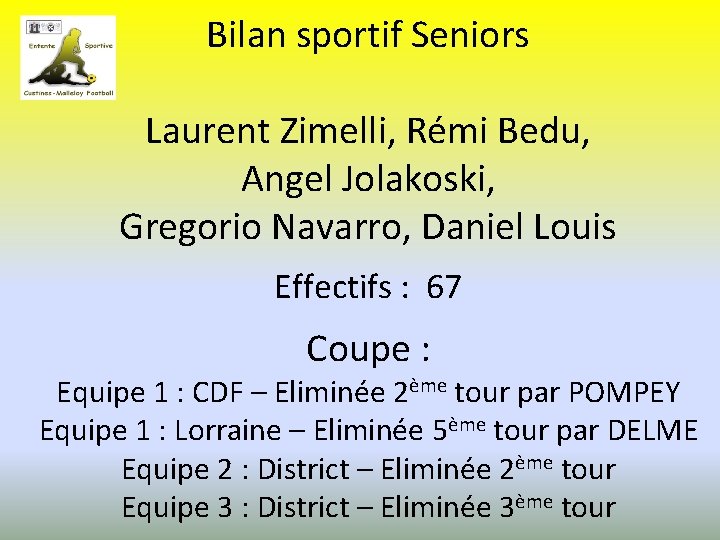 Bilan sportif Seniors Laurent Zimelli, Rémi Bedu, Angel Jolakoski, Gregorio Navarro, Daniel Louis Effectifs