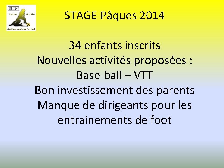 STAGE Pâques 2014 34 enfants inscrits Nouvelles activités proposées : Base-ball – VTT Bon