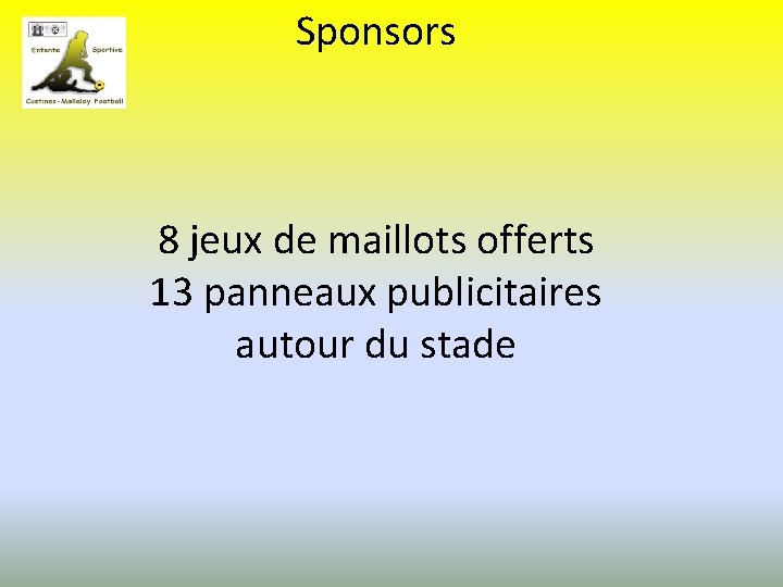 Sponsors 8 jeux de maillots offerts 13 panneaux publicitaires autour du stade 