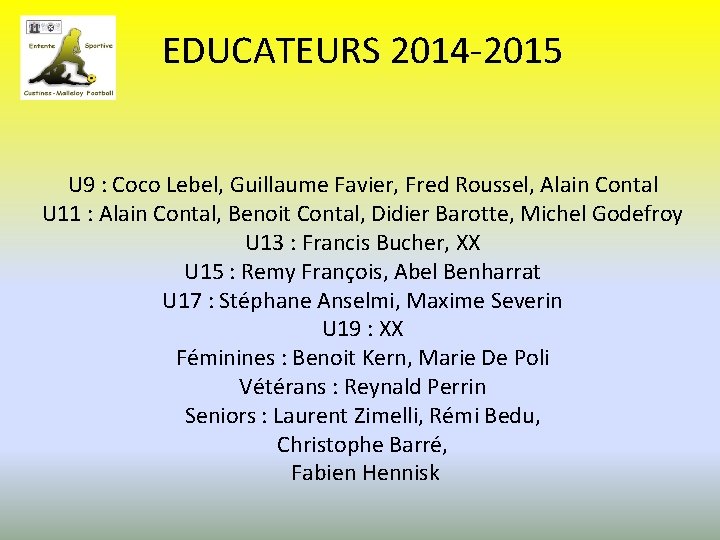 EDUCATEURS 2014 -2015 U 9 : Coco Lebel, Guillaume Favier, Fred Roussel, Alain Contal
