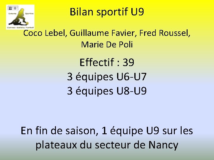 Bilan sportif U 9 Coco Lebel, Guillaume Favier, Fred Roussel, Marie De Poli Effectif