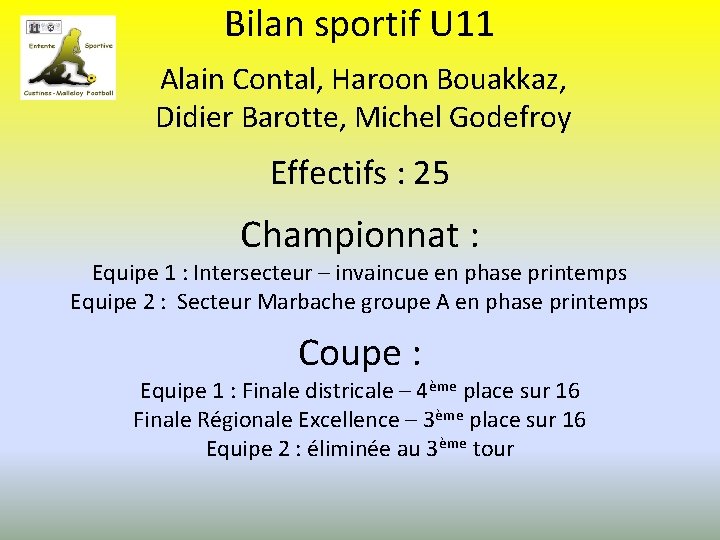 Bilan sportif U 11 Alain Contal, Haroon Bouakkaz, Didier Barotte, Michel Godefroy Effectifs :