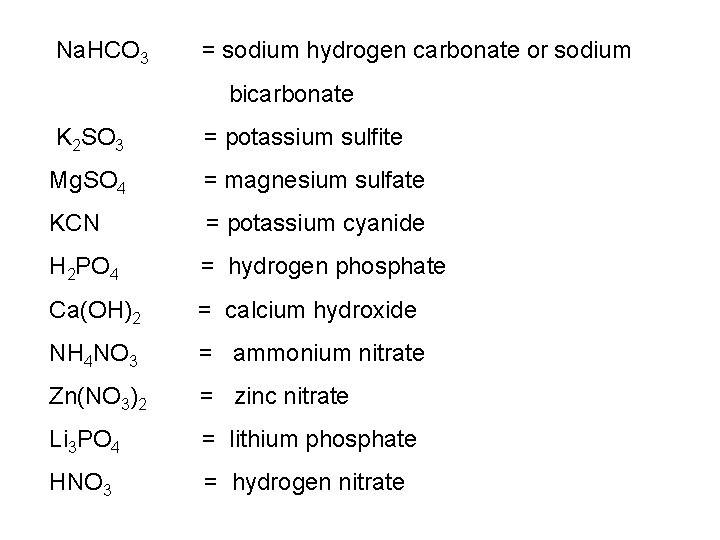 Na. HCO 3 = sodium hydrogen carbonate or sodium bicarbonate K 2 SO 3