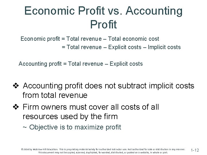 Economic Profit vs. Accounting Profit Economic profit = Total revenue – Total economic cost